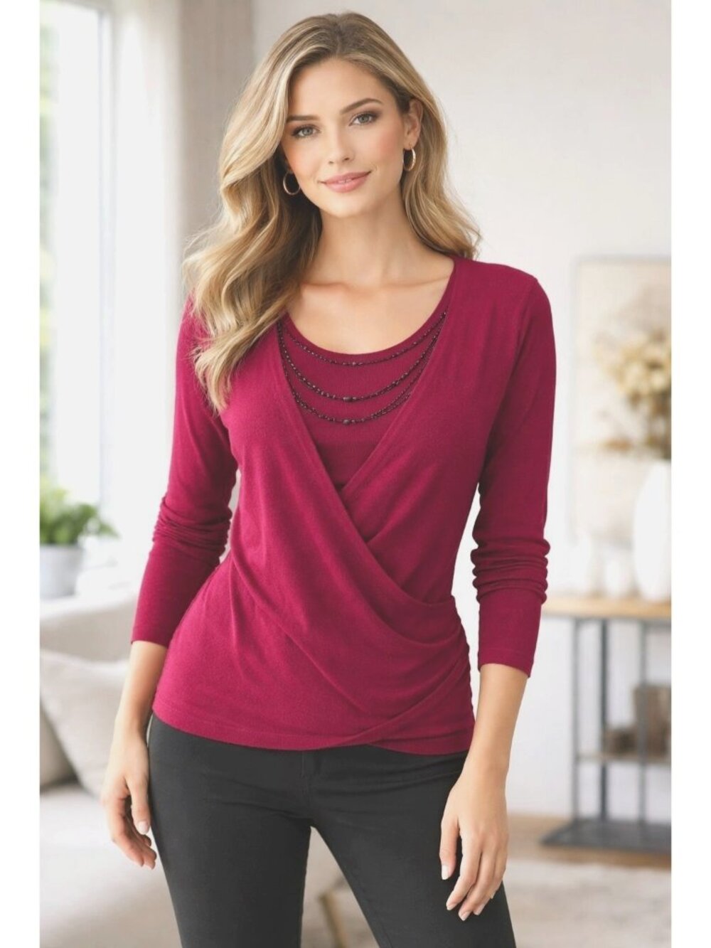 Apt 9 Large Burgundy Beaded Faux Wrap Sweater Layered Y2K Work Glam Holiday Chic